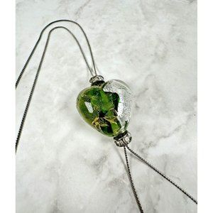 Green and Metallic Silver Heart on a Silver Tone Bolo Necklace - 26"